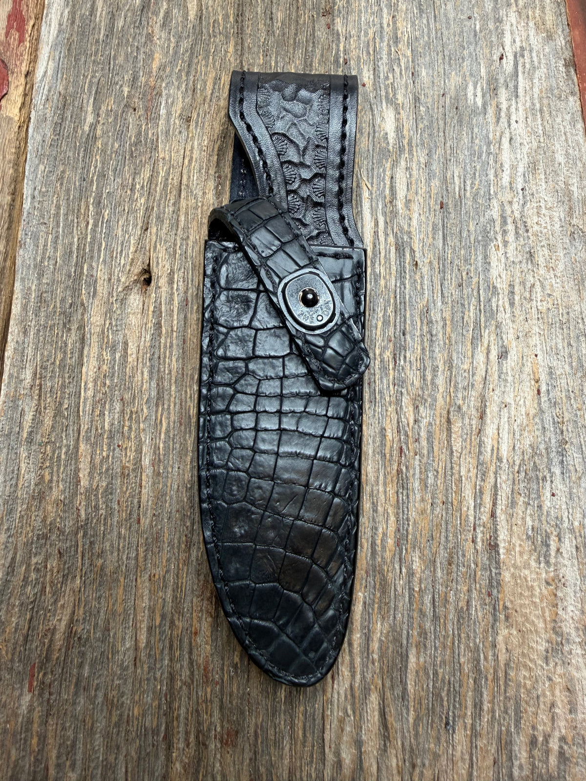 New Randall Model Combat Companion Sheath in Exotic Black Matte Crocodile from Treeman with the newest Black Canteen snap. Killer sheath.