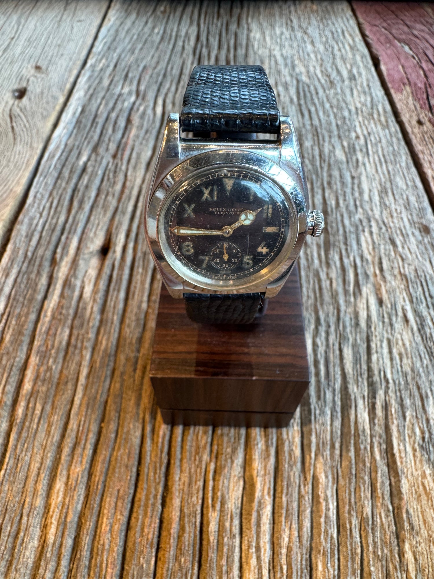 Vintage Rolex Oyster Perpetual Bubble Back circa 1940-1942 Steel case with Mercedes hands. Hirsch Lizard 18mm strap. No box or papers.