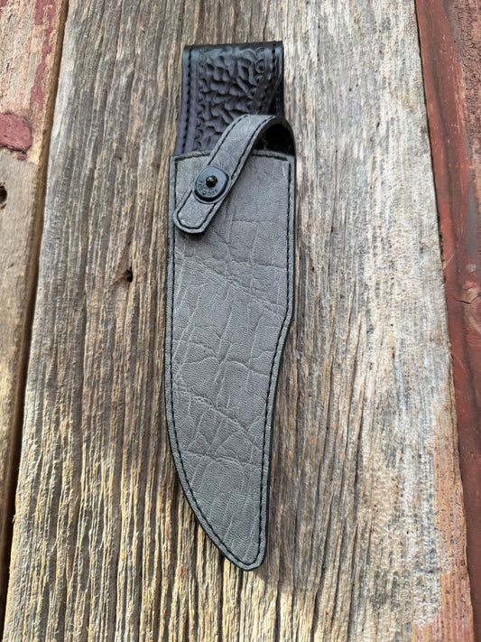 New Randall Model 12-8 Big Bear Sheath in Exotic thick and textured Grey Elephant Hide on black leather from Treeman with a black Canteen snap. Hand tooled belt loop. Killer sheath.