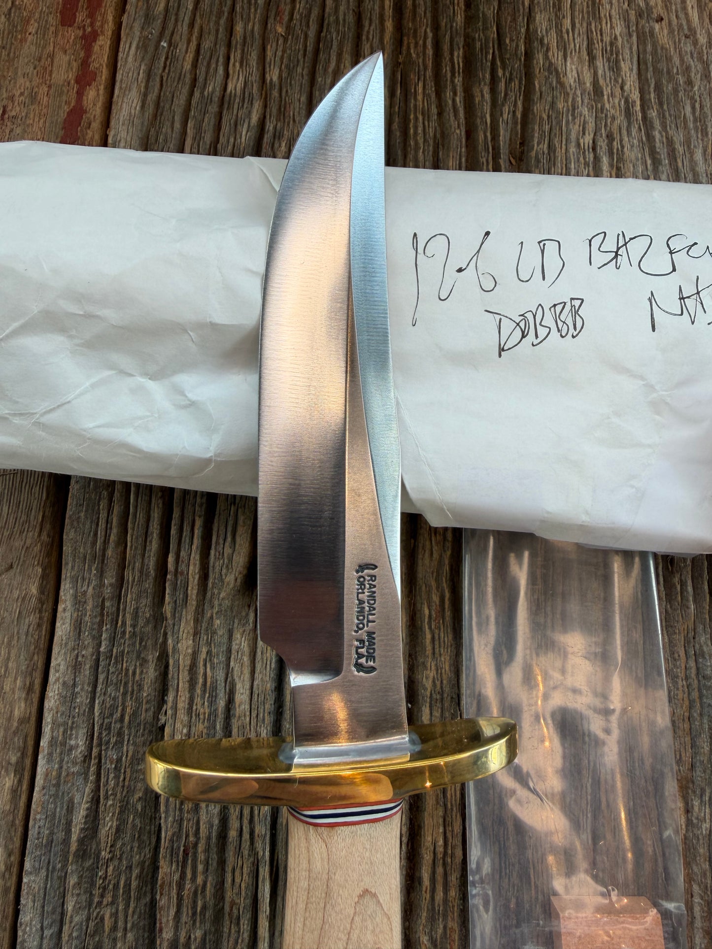 New Paper Randall Made Knife Model 12-6 supplied Maple handle, carbon  blade, brass hilt and rounded butt cap. Red white and blue spacers