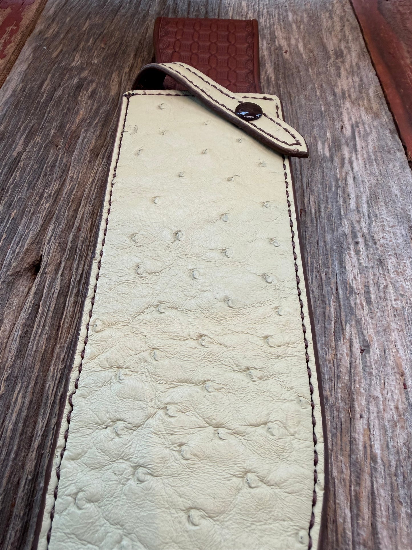 New Randall Model 12-11 Smithsonian “Smitty” Sheath in Exotic cream colored Ostrich Leg ( very rare) Custom Made at Sullivan’s by Gutcher.