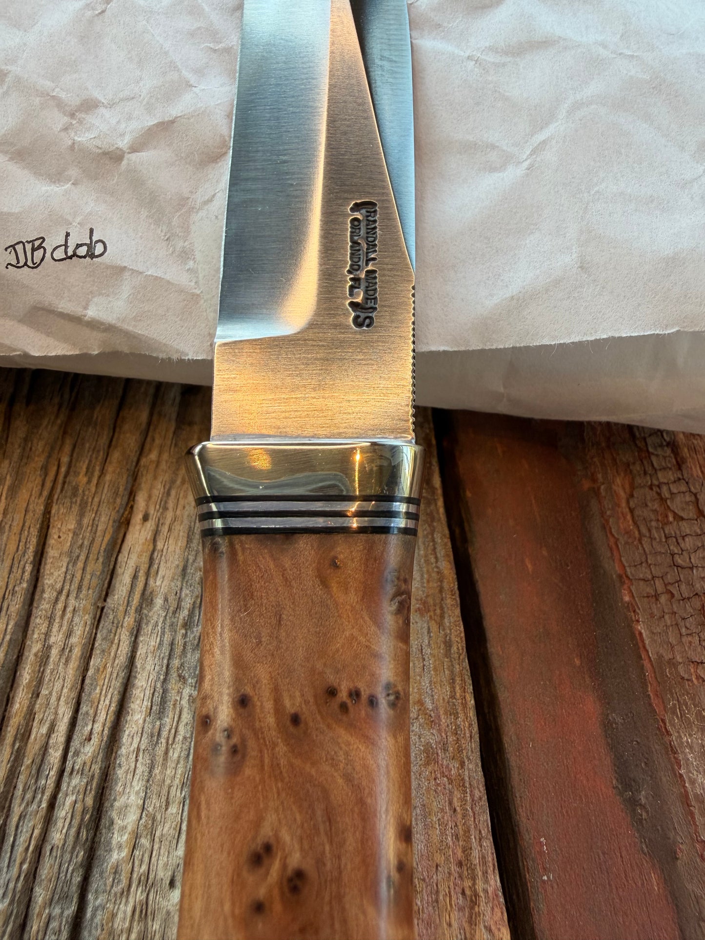New in Paper Randall Model “Gambler” 4 Inch in Thuya Wood, Nickel hilt, Stainless, black and aluminum spacers.