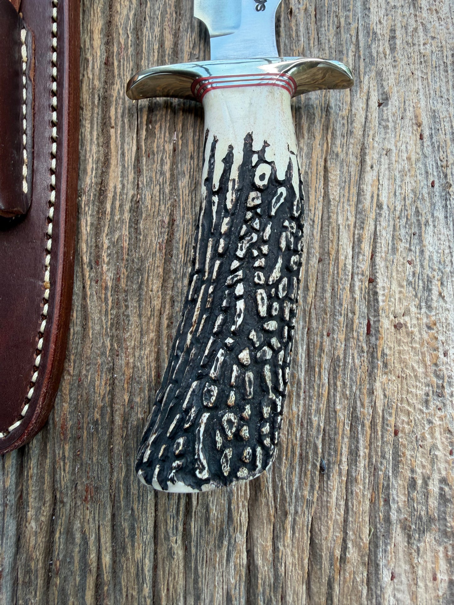Randall Model 1-7 Popcorn Stag Stainless Nickel Silver Hilt Natural end Red and Aluminum Spacers