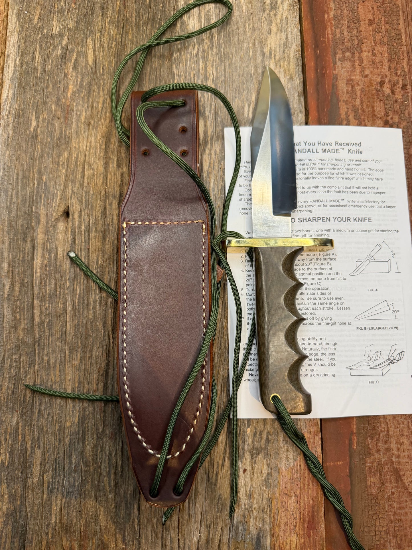 New Randall Knife Model 15 Airman Stainless Steel, Green Micarta, finger grooves.