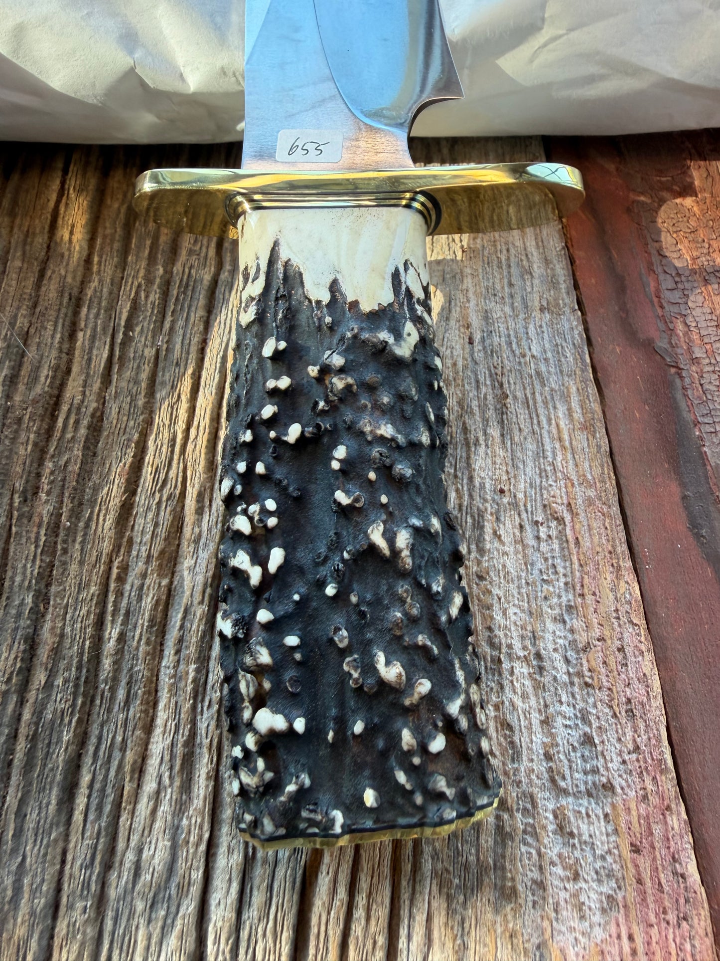 New in Paper Randall Model 12-11 Dealer Special Large Sasquatch with a Huge piece of Popcorn Stag, # 1114 Brass Hilt and butt cap.