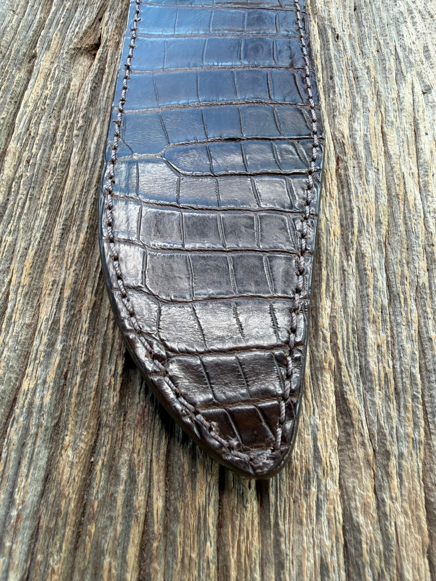 New Randall Model 12-9/14 Grind  Sheath in Exotic Chocolate Brown Matte Crocodile from Treeman with the newest Black Canteen snap. Killer sheath.