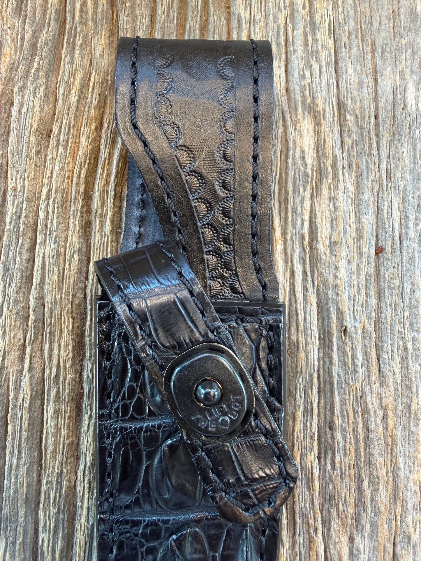 New Randall Model 8-4 Sheath in Exotic Black Crocodile tail from Treeman. Black canteen Snap .. Johnny Cash Style … All Black.