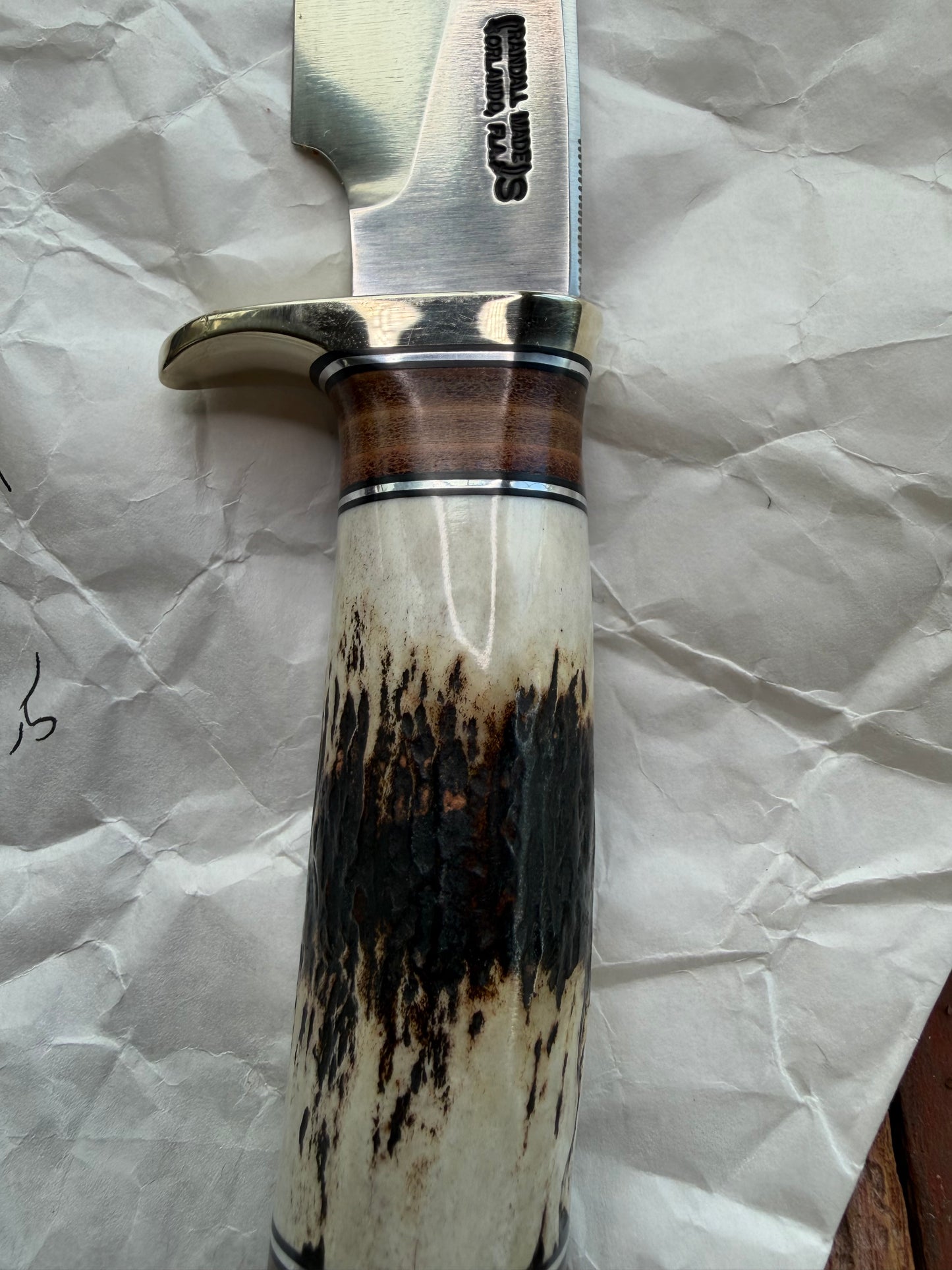 New in paper Randall Knife Model 25-5 Trapper in Stag Leather Handle Stainless Blade, NSH Hilt
