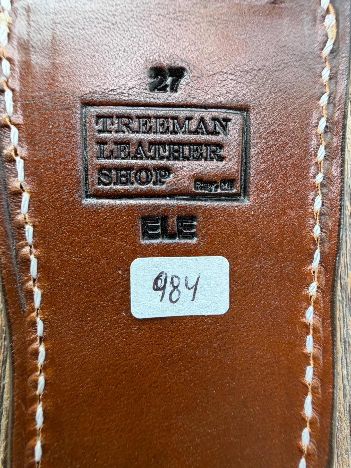 New Randall Model 27 Sheath in Exotic thick and textured Black and Grey Elephant Ear  on brown leather from Treeman with a silver Canteen snap. Hand tooled belt loop. Killer sheath.
