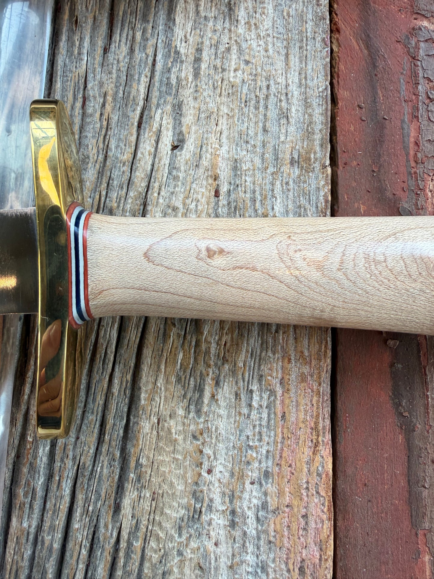 New Paper Randall Made Knife Model 12-6 supplied Maple handle, carbon  blade, brass hilt and rounded butt cap. Red white and blue spacers