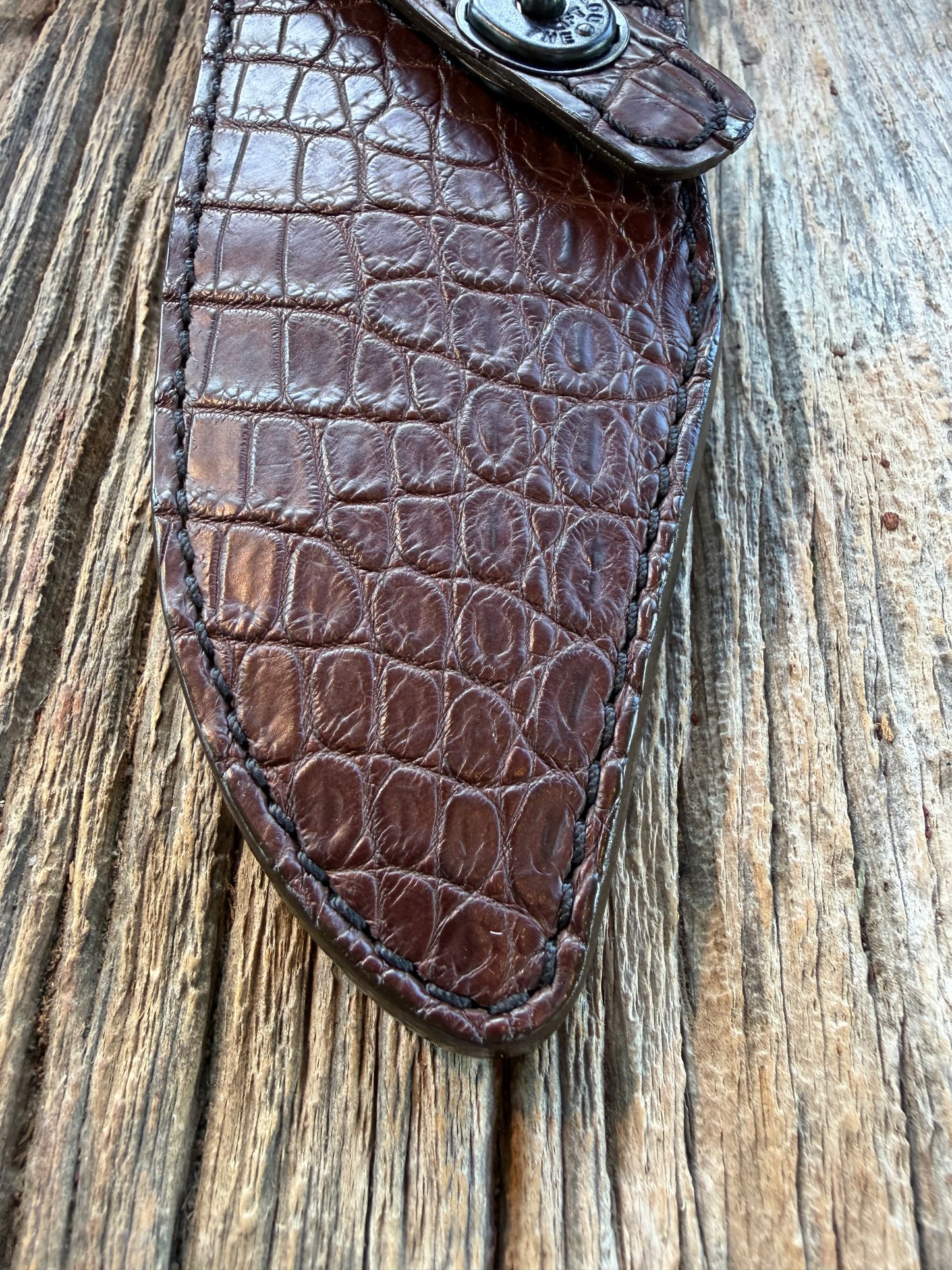 New Randall Model 19-5 Sheath in Exotic Dark Brown Crocodile from Treeman with the newest Black Canteen snap.