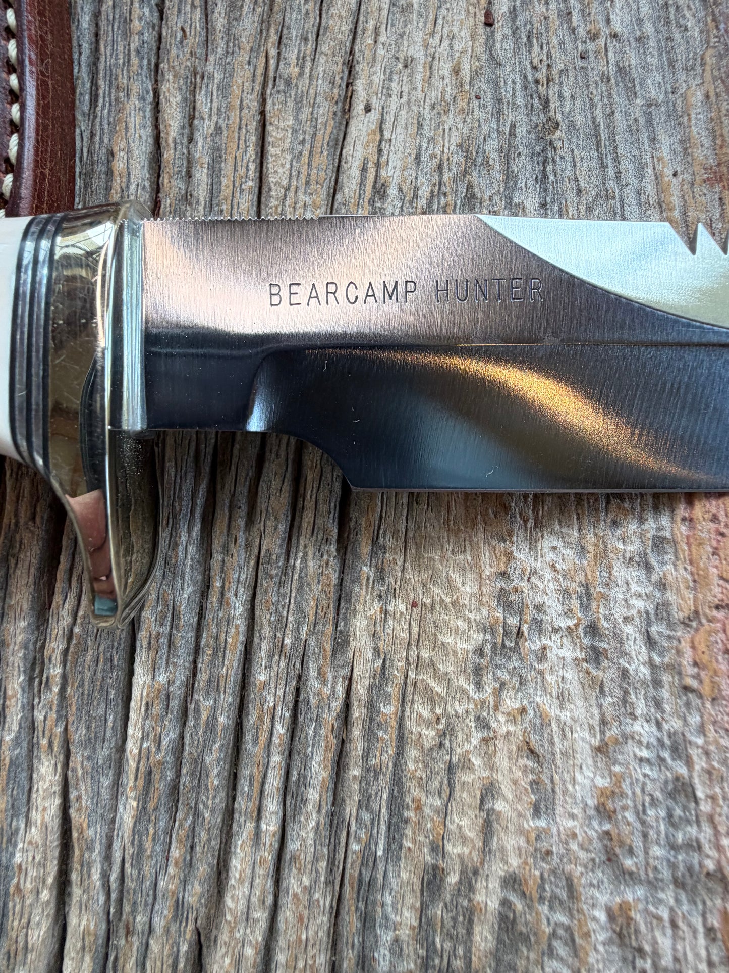 Randall Model Combat Companion with a nice piece of customer supplied Warthers Resin with finger grooves. Teeth, Nickel Silver Hilt and a raw natural end.