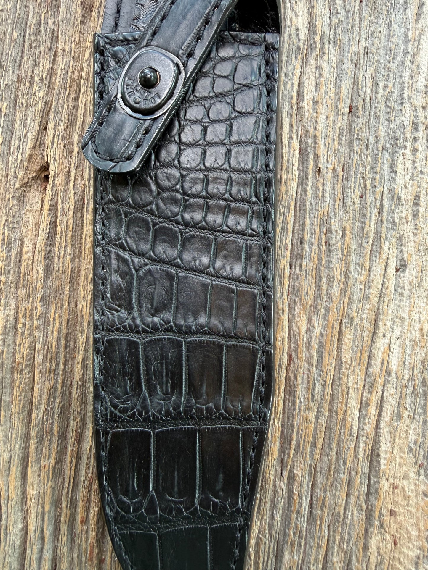New Randall Model 14 Sheath in Exotic Black Matte Crocodile from Treeman with the newest Black Canteen snap. Killer sheath.