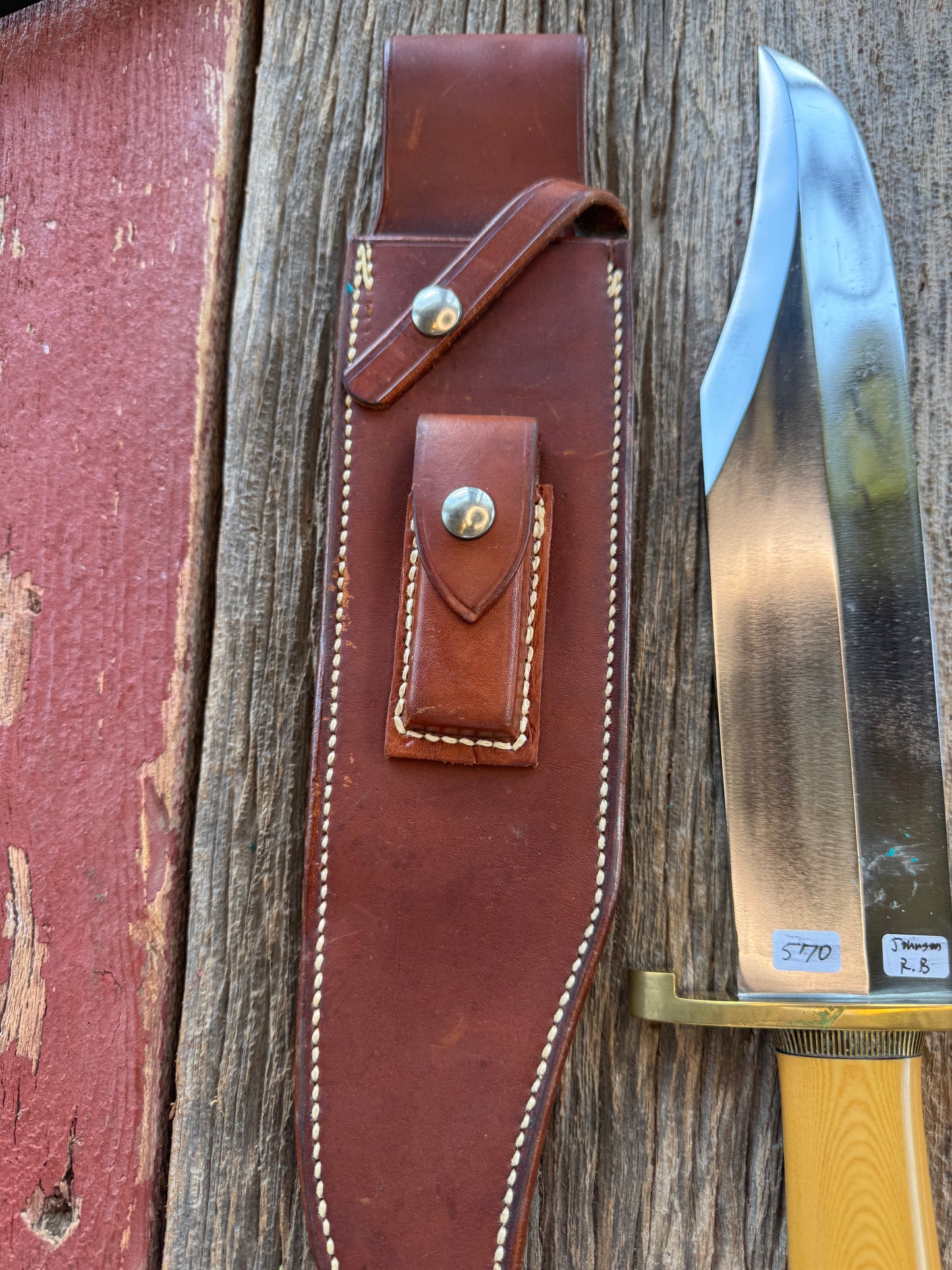 Randall Model Smithsonian in Yellow Westinghouse Micarta, Brass Lugged Hilt, Scalloped Collar and butt cap, Johnson Roughback sheath.