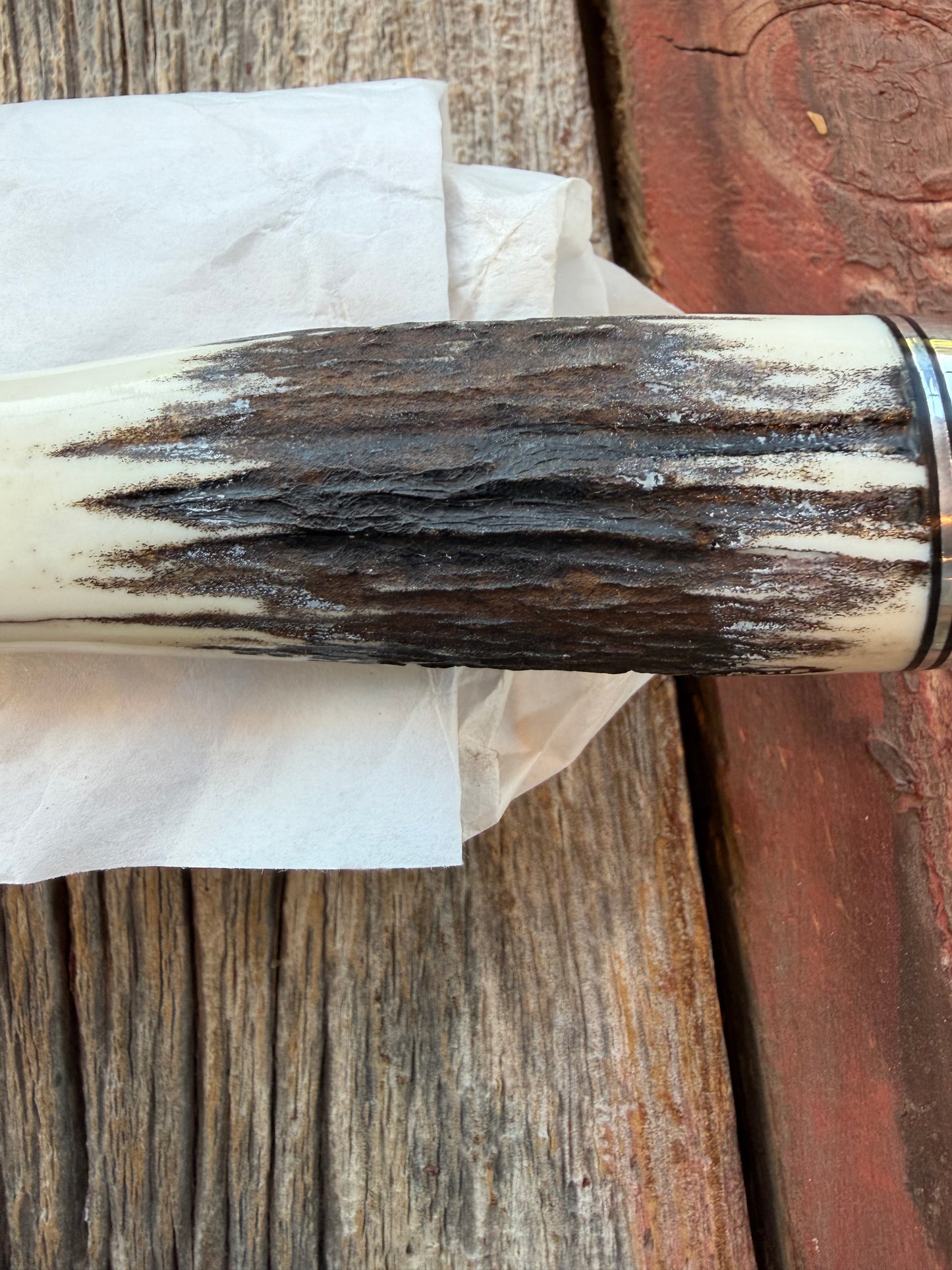 New in Paper Randall Model “Gambler” 4 Inch in Stag, Nickel hilt, Stainless, black and aluminum spacers.