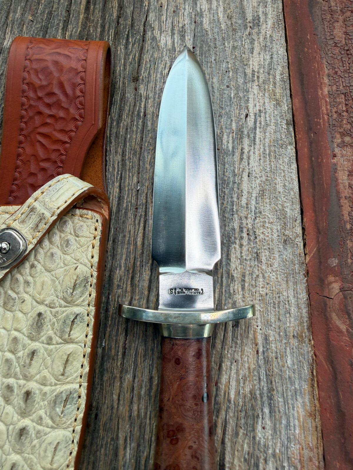 Randall Knife Clinton Special TC Nickel Silver Hilt and Collar, Stainless Steel, Thuya Burl, aluminum butt cap. Cream Croc Sheath.