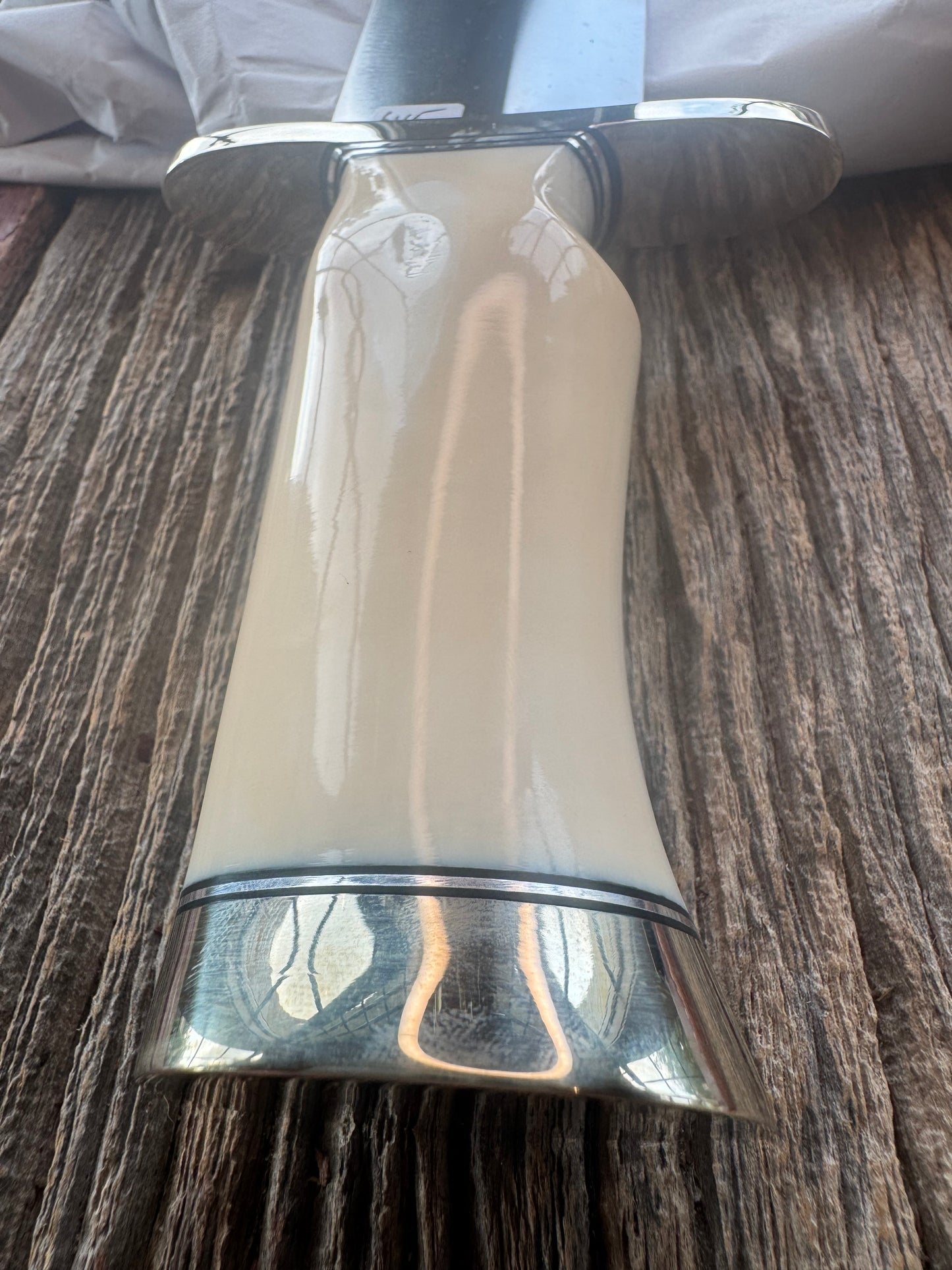 New in Paper Model 12-11 Smithsonian “Smitty” Bowie. Beautiful creamy Fossil Walrus Ivory with a single finger grip and a Nickel  Silver forward curved hilt and butt cap. Unreal Scrim opportunity!! Blank Canvas..