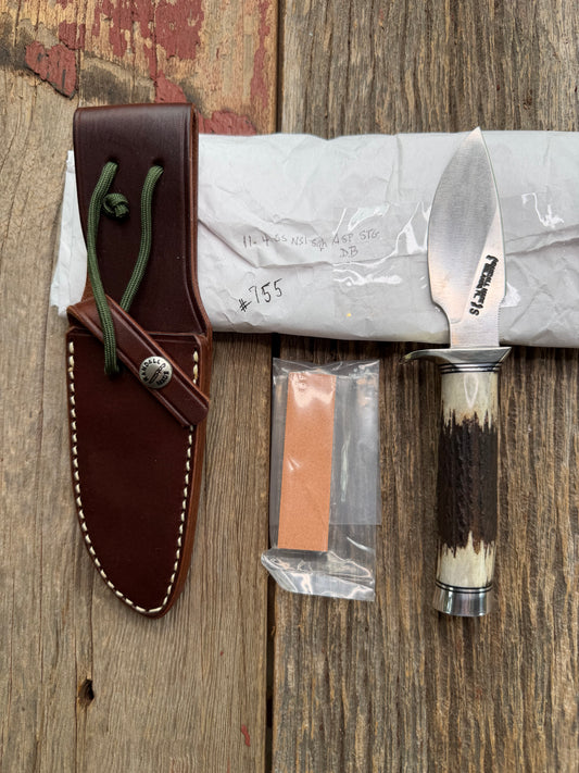 New in Paper Randall Made Knife Model 11-4 with a Stag handle, Stainless, Nickel silver single Hilt, Black and aluminum spacers.