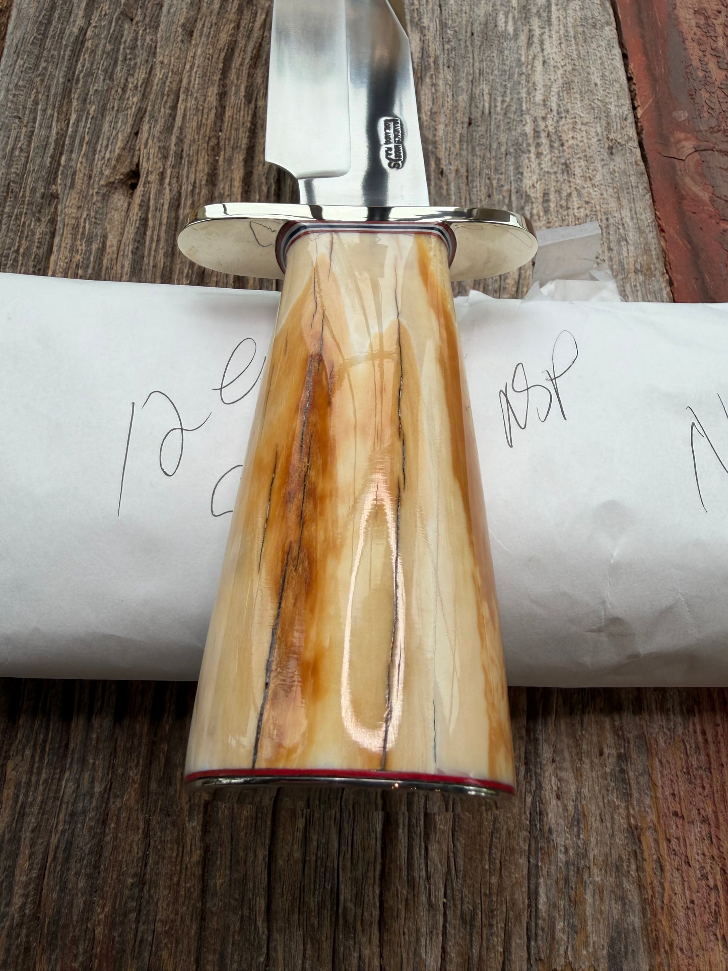 New in Paper Randall Knife Model 12-9 beautiful Fossil walrus handle, incredible colors (creams, browns , oranges) Double Nickel Silver hilt, nickel plate, Stainless Steel, RWB spacers