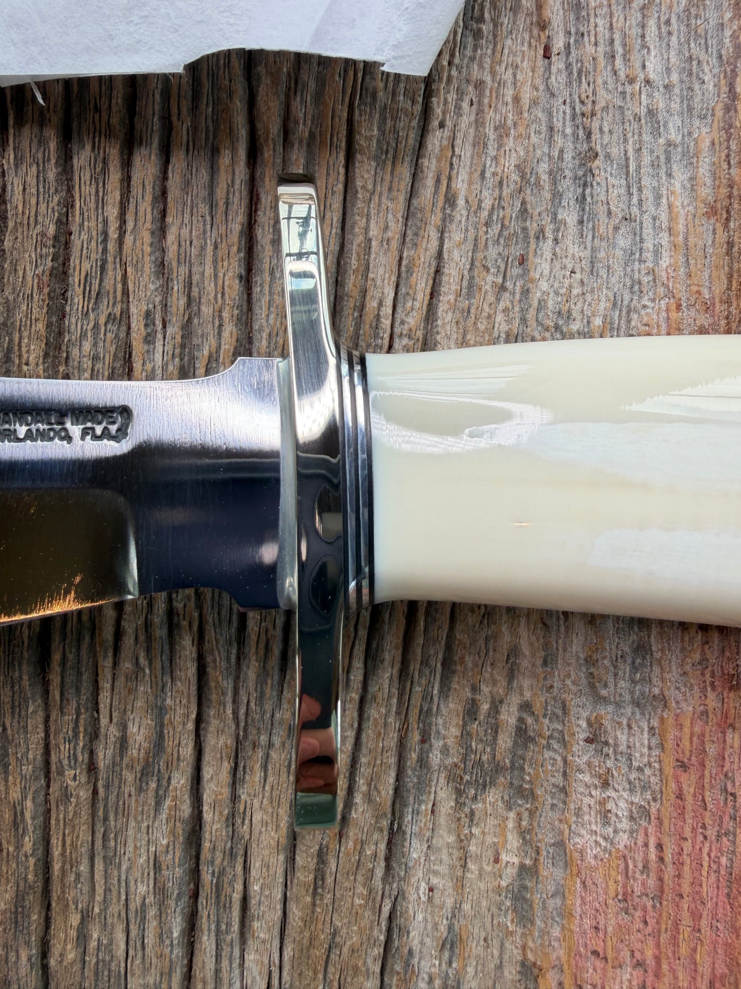 New in paper fresh from the Shop. Randall Knife Model 12-8 Big Bear. Gorgeous piece of creamy Fossil Walrus Ivory. Nickel silver hilt and plate end, Carbon  steel.