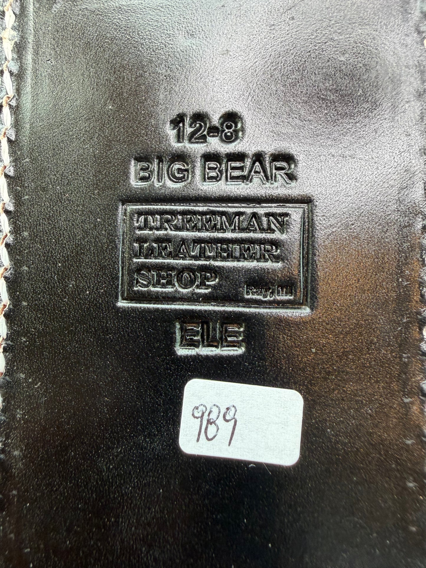 New Randall Model 12-8 Big Bear Sheath in Exotic thick and textured Grey Elephant Hide on black leather from Treeman with a silver Canteen snap. Hand tooled belt loop. Killer sheath.