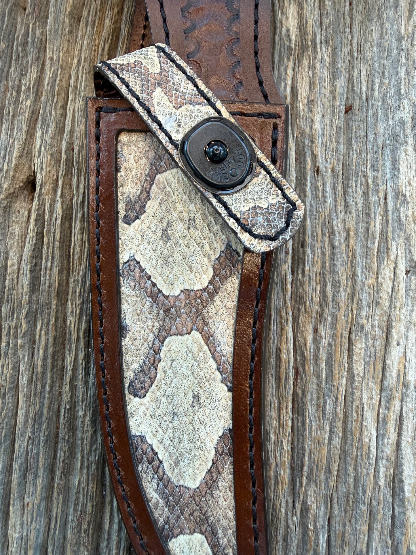 Randall Model 27 Sheath in Exotic Southern Copperhead from Treeman Sheaths. Black Canteen Snap. Stunning colors and pattern.
