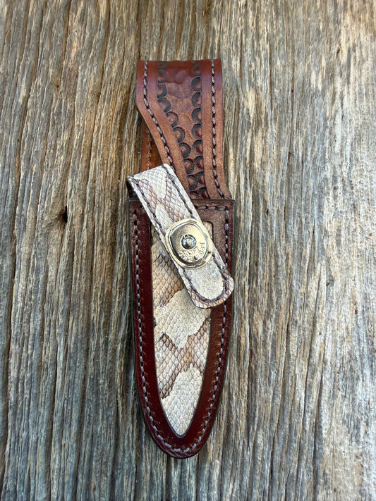 Randall Model 8-4 Sheath in Exotic Eastern Copperhead from Treeman Sheaths. Stunning colors and pattern.