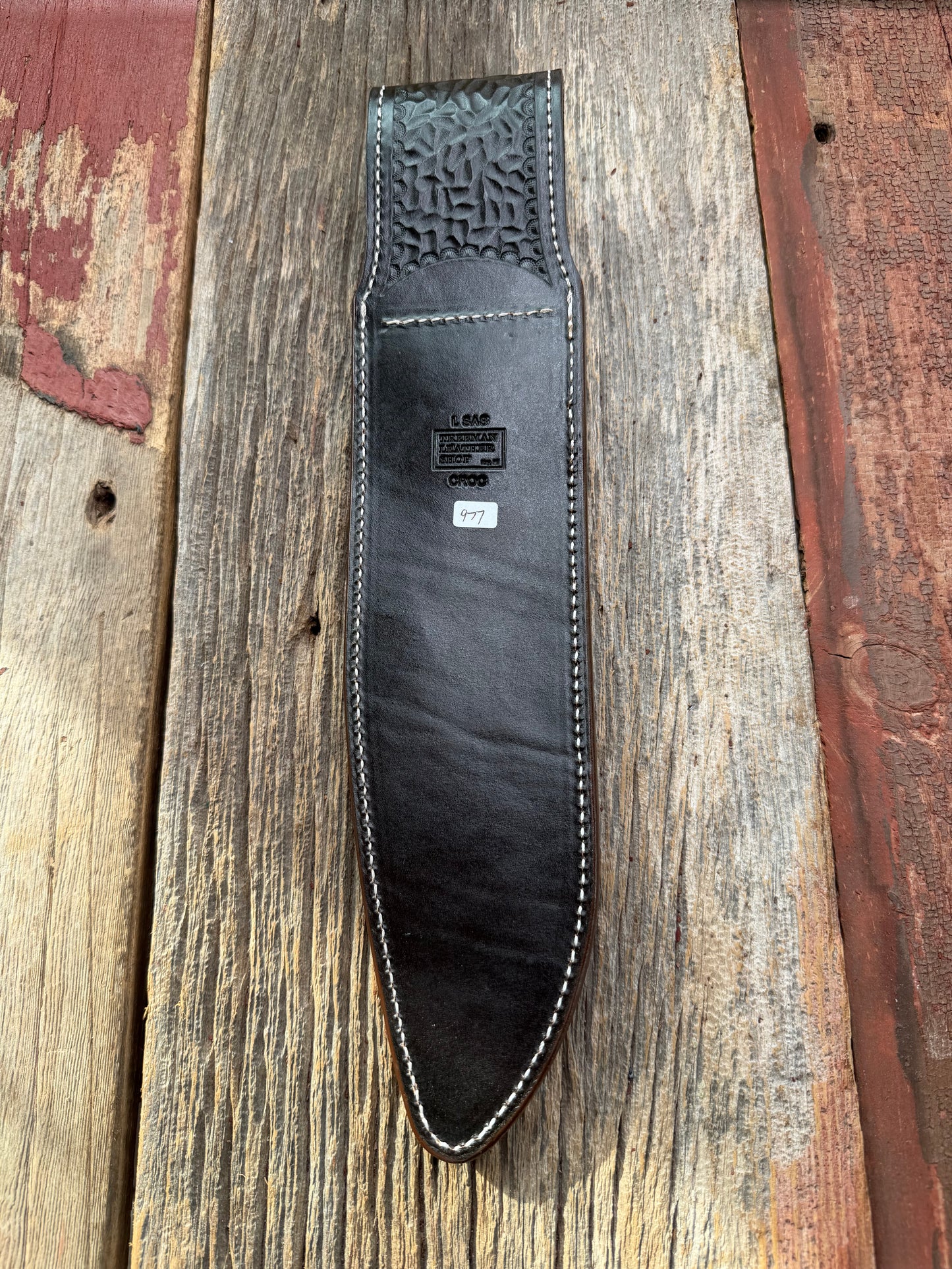 New Randall Model 12-11 Large Sasquatch Sheath in Exotic Ivory Matte Crocodile ( tail portion) from Treeman with a silver Canteen snap. Killer sheath.