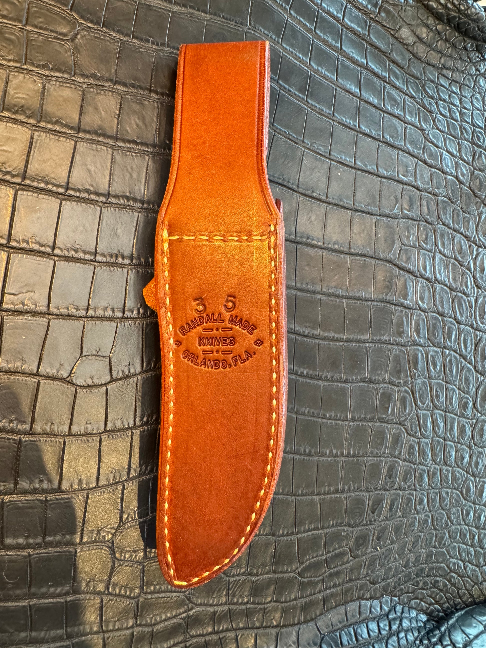 New unused Randall Model 3-5 Sheath in Brown Leather made at Sullivans by Gutcher in Tampa Florida. Official sheath maker for Randall Knives.