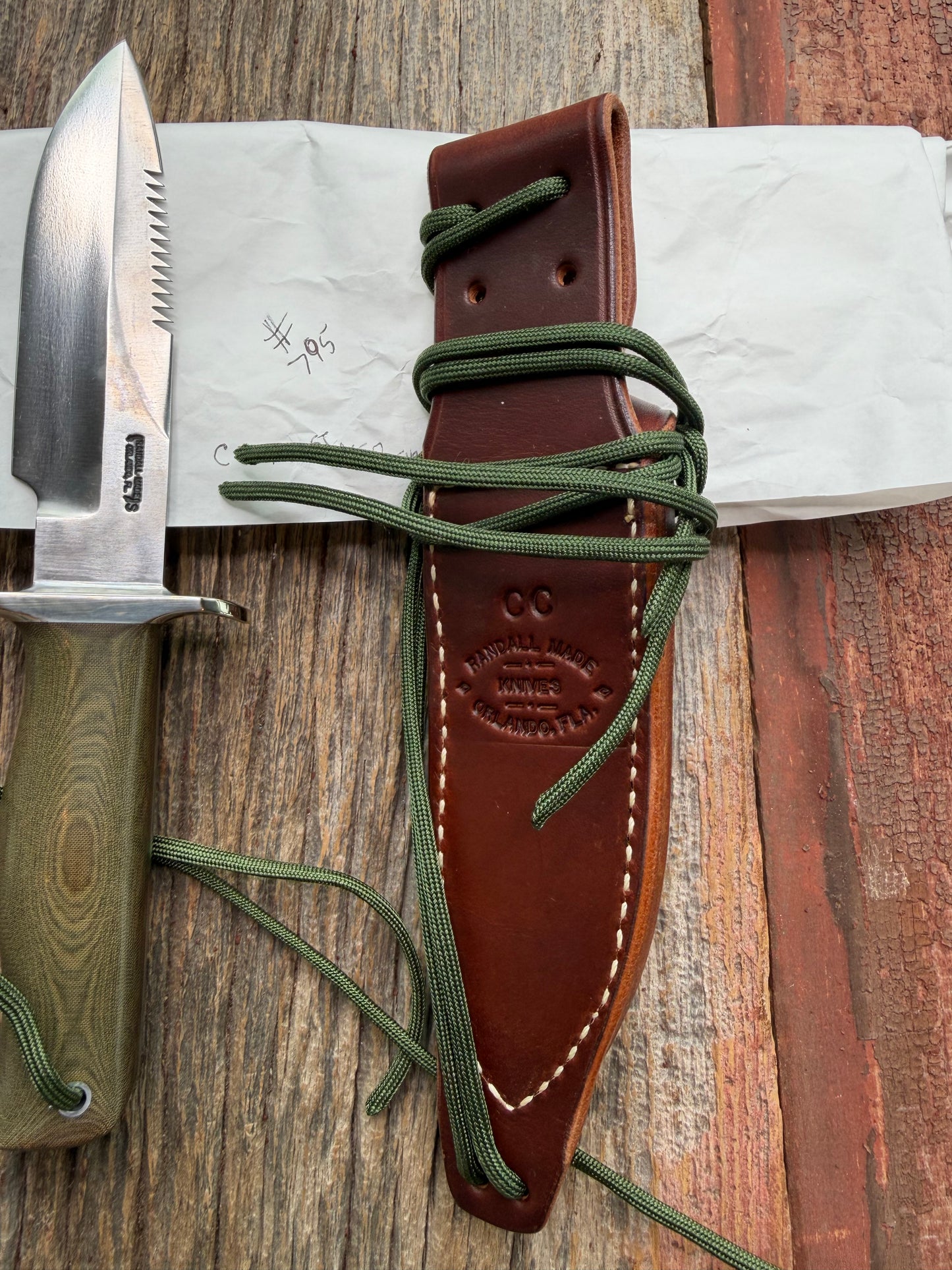 New in Paper Randall Knife Model Combat Companion Green Micarta Handle Stainless Steel, Nickel  Silcer Hilt, Lanyard. Sawteeth