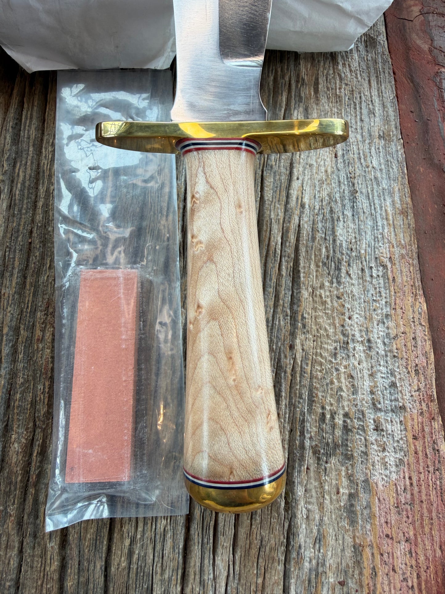 New Paper Randall Made Knife Model 12-8 supplied Maple handle, carbon  blade, brass hilt and rounded butt cap. Red white and blue spacers