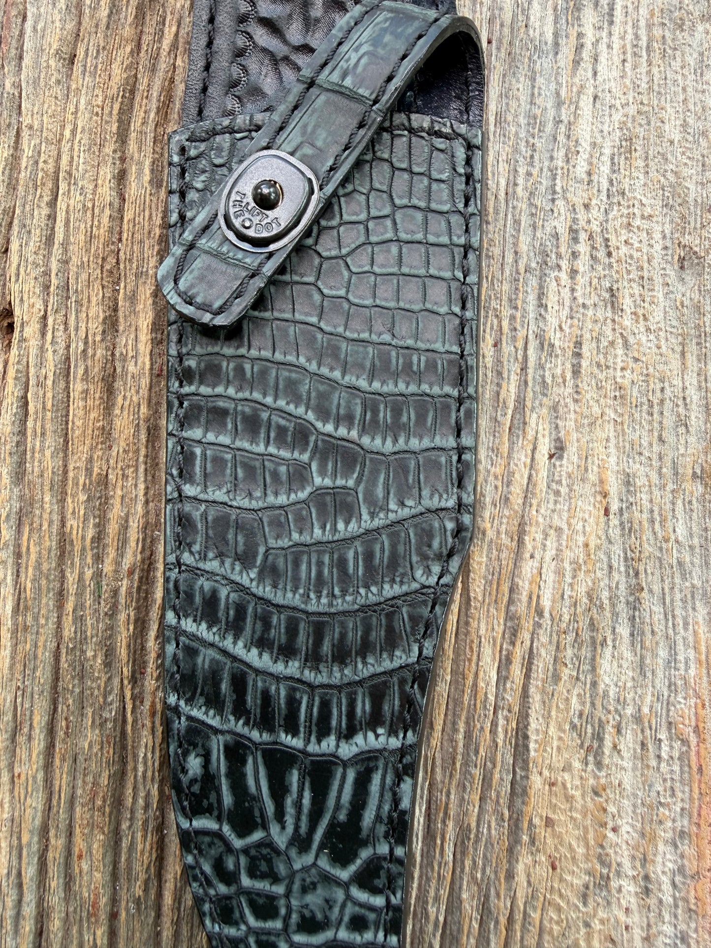 New Randall Model 12-8 Sheath in Exotic Black/Grey Matte Crocodile from Treeman with the newest Black Canteen snap.