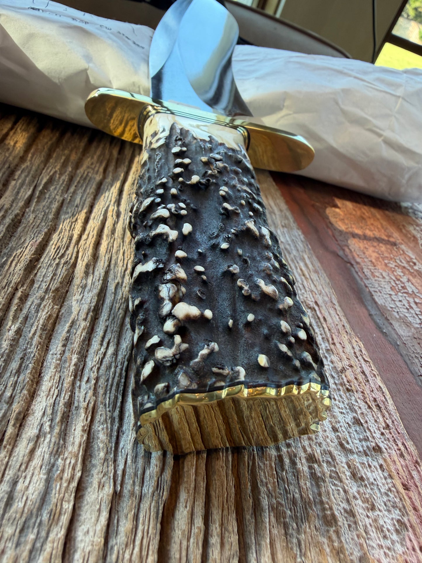 New in Paper Randall Model 12-11 Dealer Special Large Sasquatch with a Huge piece of Popcorn Stag, # 1114 Brass Hilt and butt cap.