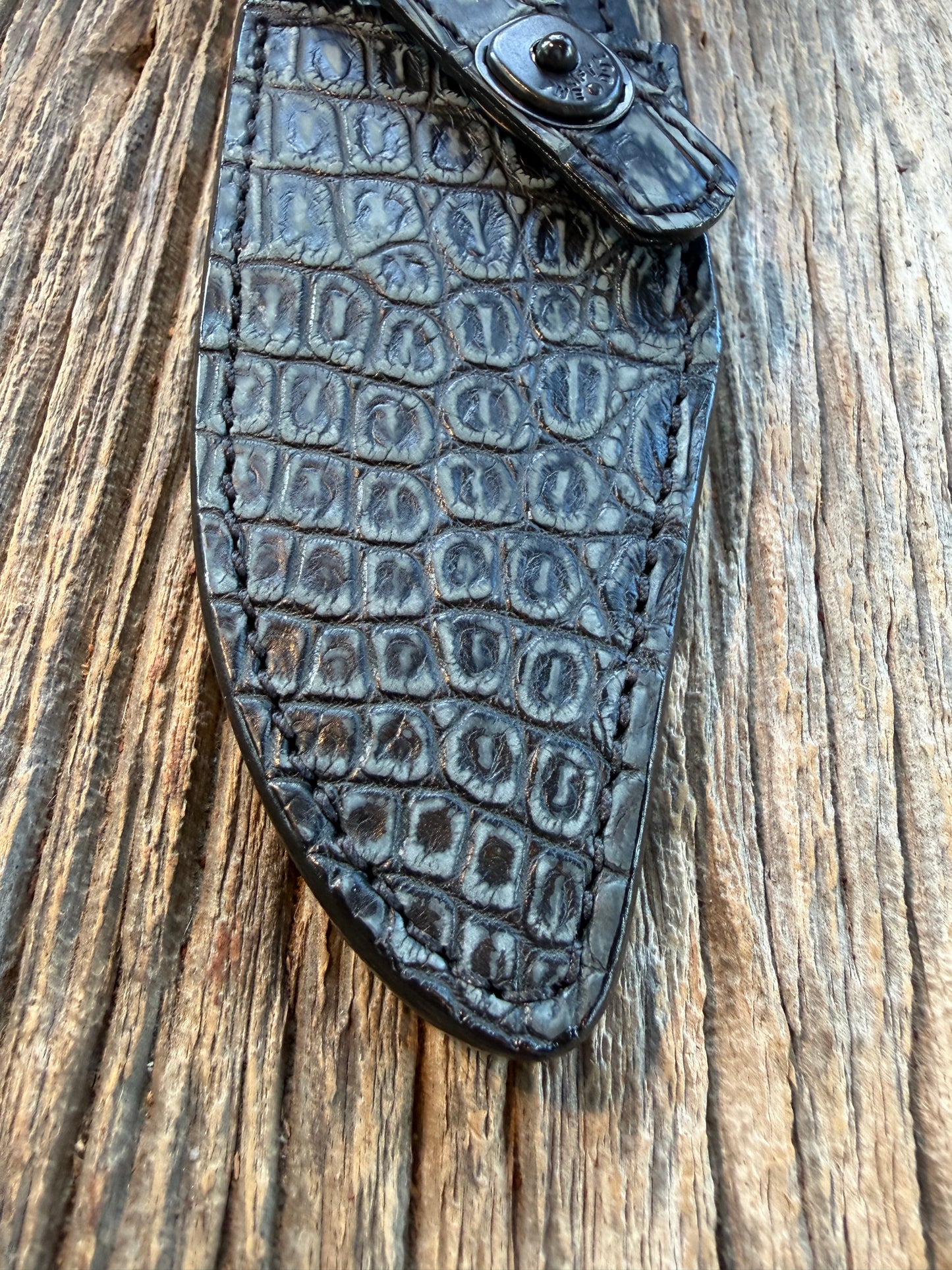New Randall Model 19-5 Sheath in Exotic Black/Grey Matte Crocodile from Treeman with the newest Black Canteen snap.