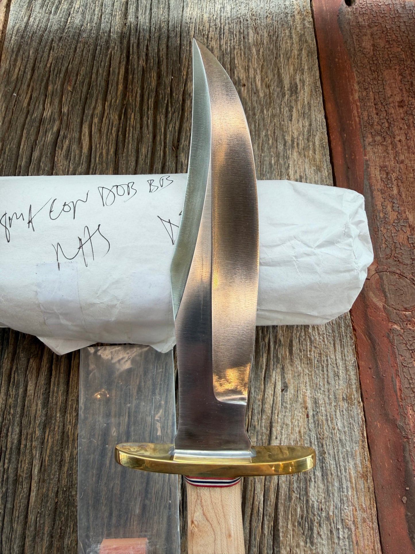 New Paper Randall Made Knife Model 12-8 supplied Maple handle, carbon  blade, brass hilt and rounded butt cap. Red white and blue spacers