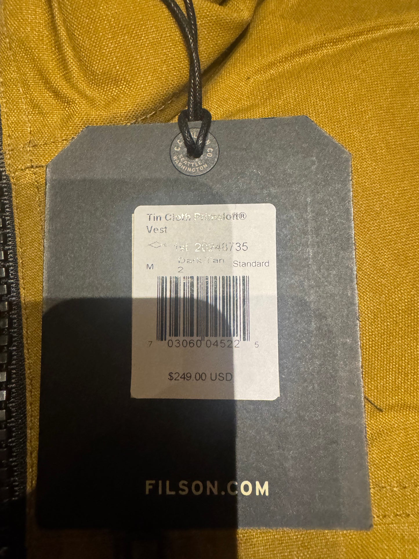 NWT Filson TIN CLOTH PRIMALOFT VEST in DARK TAN Medium NWT
