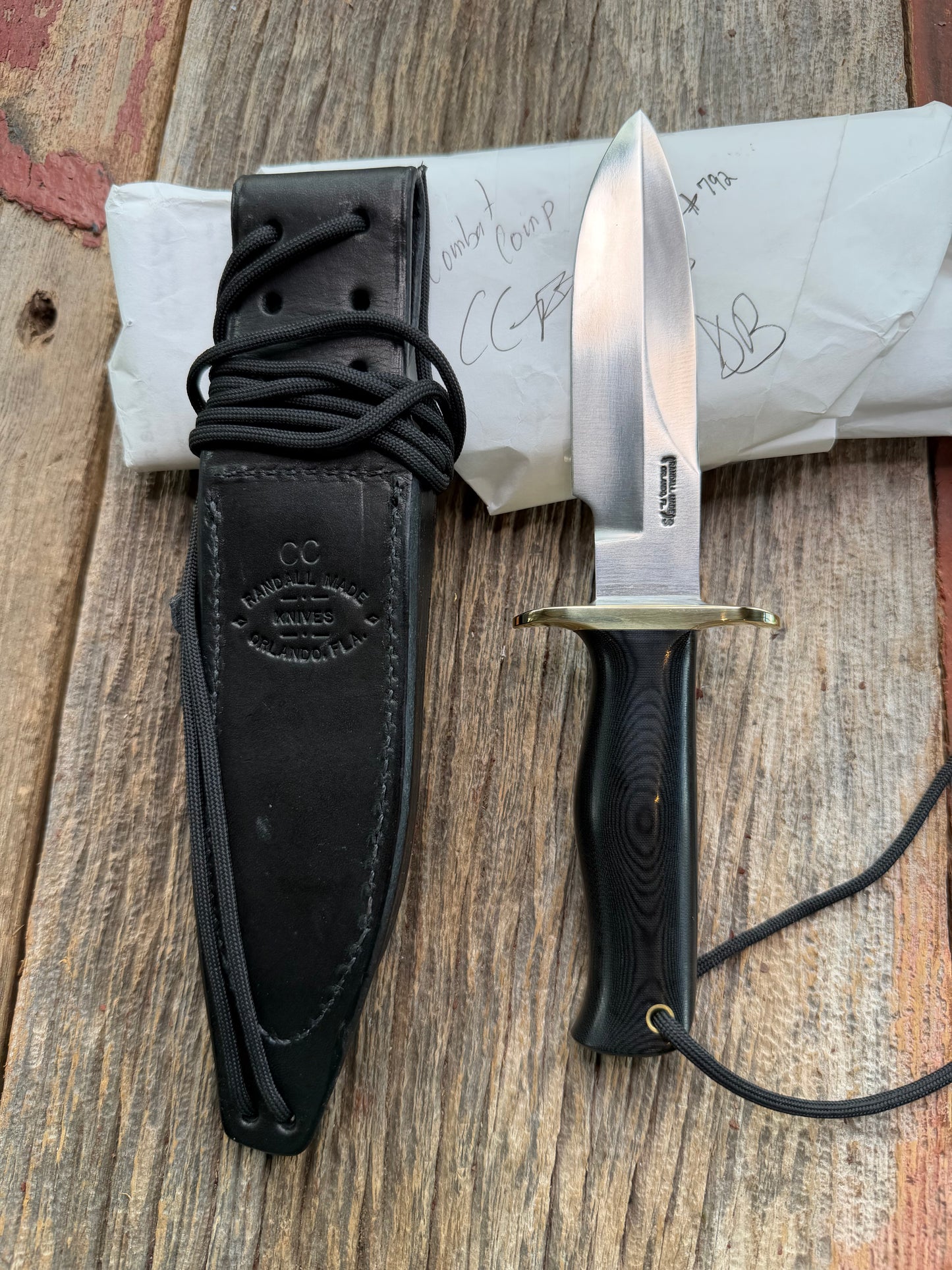 New in Paper Randall Knife Model Combat Companion Black Micarta Handle Stainless Steel, Brass Hilt, Lanyard,