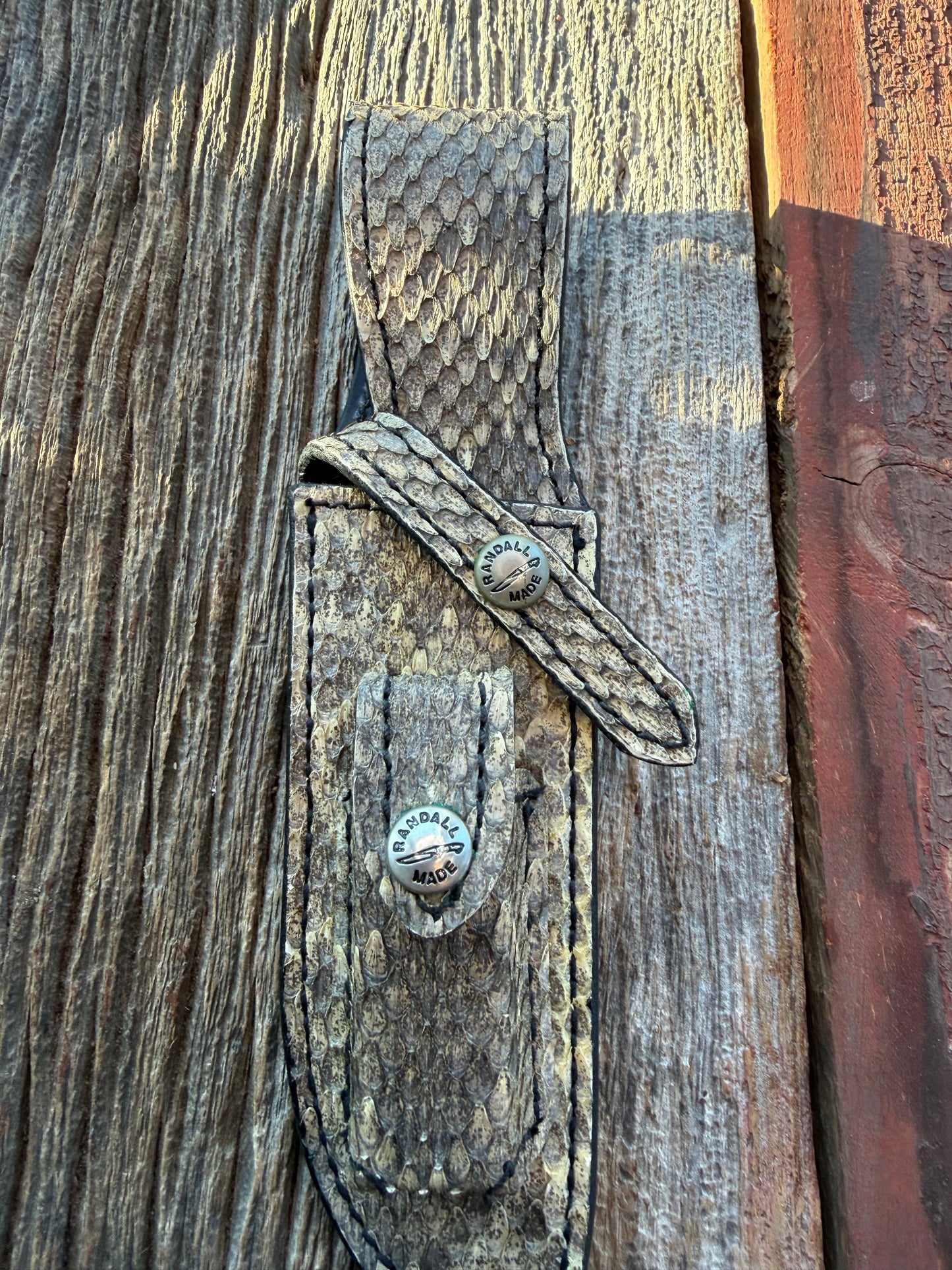 NOTE : Item is part of my personal Collection. Adding to cart will not result in sale.Very Rare Randall Sullivans by Gutcher Exotic Full Rattlesnake Knife Sheath and stone pouch for a Bowles Special. Randall Snap, Diamond inlay pattern.  Full Rattlesnake.