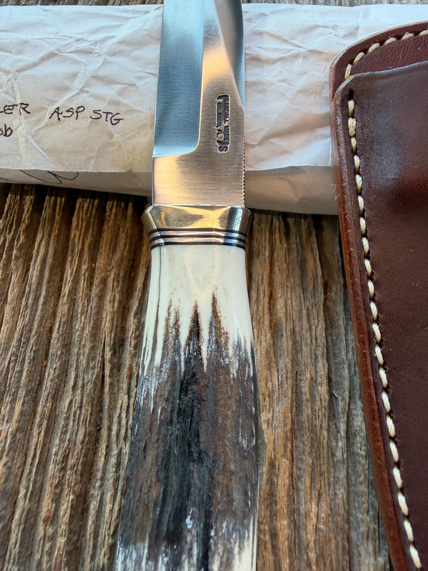 New in Paper Randall Model “Gambler” 4 Inch in Stag, Nickel hilt, Stainless, black and aluminum spacers.