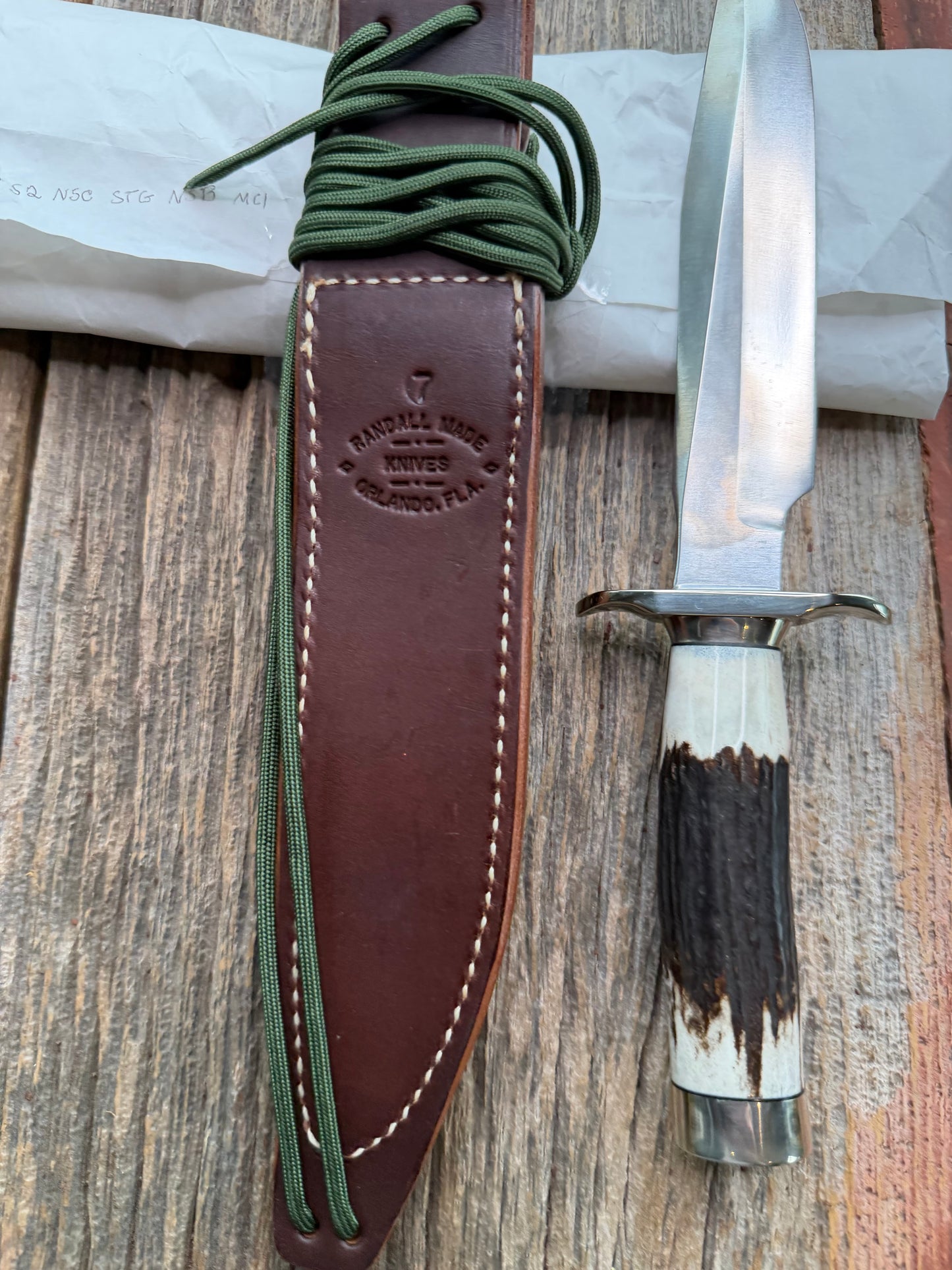 New in Paper Randall Made Knife Model 1-7 Dark Stag , Stainless, Nickel Silver Hilt, Aluminum butt cap. Nickel Silver Collar