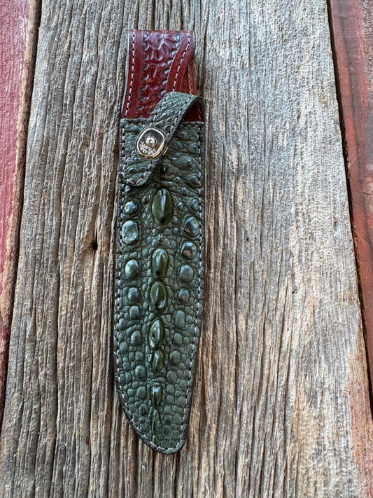 Randall Model 1-8 Grind Sheath in Exotic Green Snapping Turtle by Treeman. Spiked Dragon tail portion of the turtle.