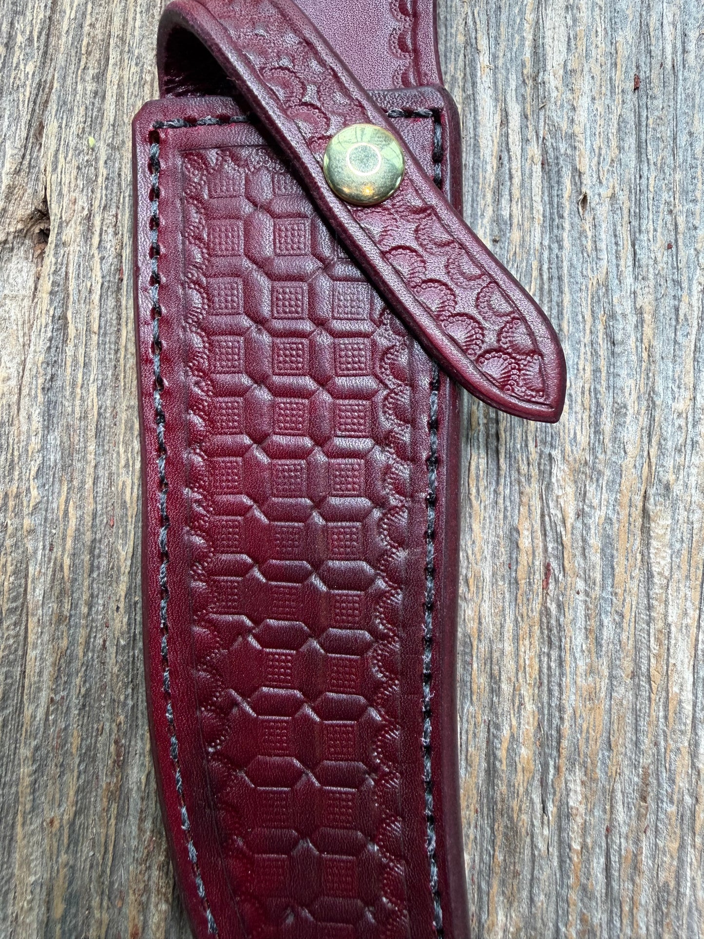 Randall Model 12-6 sheath in Ox Blood Red stamped leather from Sullivans by Gutcher. Parquet window pattern, mesmerizing !!