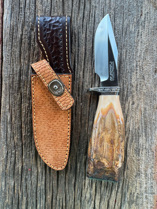 Randall Knife Model 23 Fossil Walrus Ivory Handle Artifact, Stainless Steel blade, Full Sterling Silver hilt, spacers and Butt cap. Exotic Beaver Sheath.Full head to toe engraved.