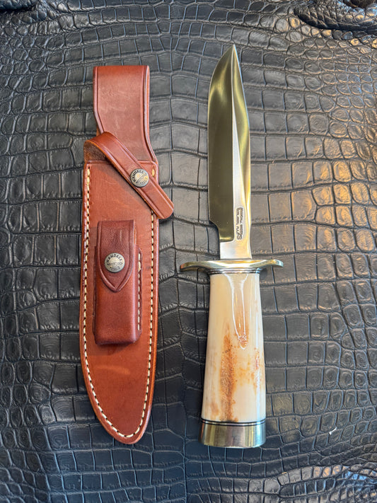 Randall Model 1-7 in a gorgeous beefy piece of Creamy Fossil Walrus Ivory. Nickel Silver Hilt and butt cap.