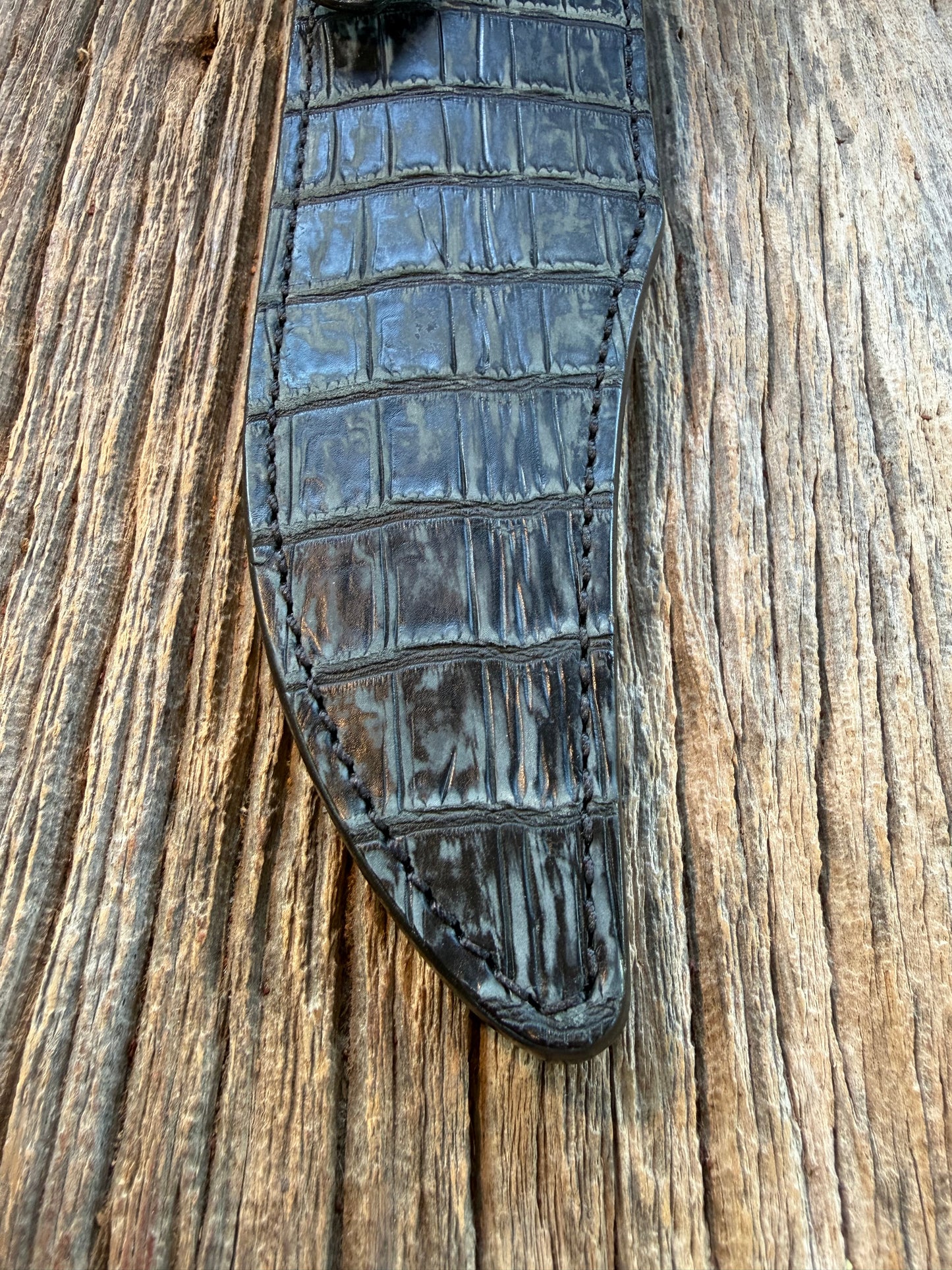 New Randall Model 12-8 Sheath in Exotic Black/Grey Matte Crocodile from Treeman with the newest Black Canteen snap.