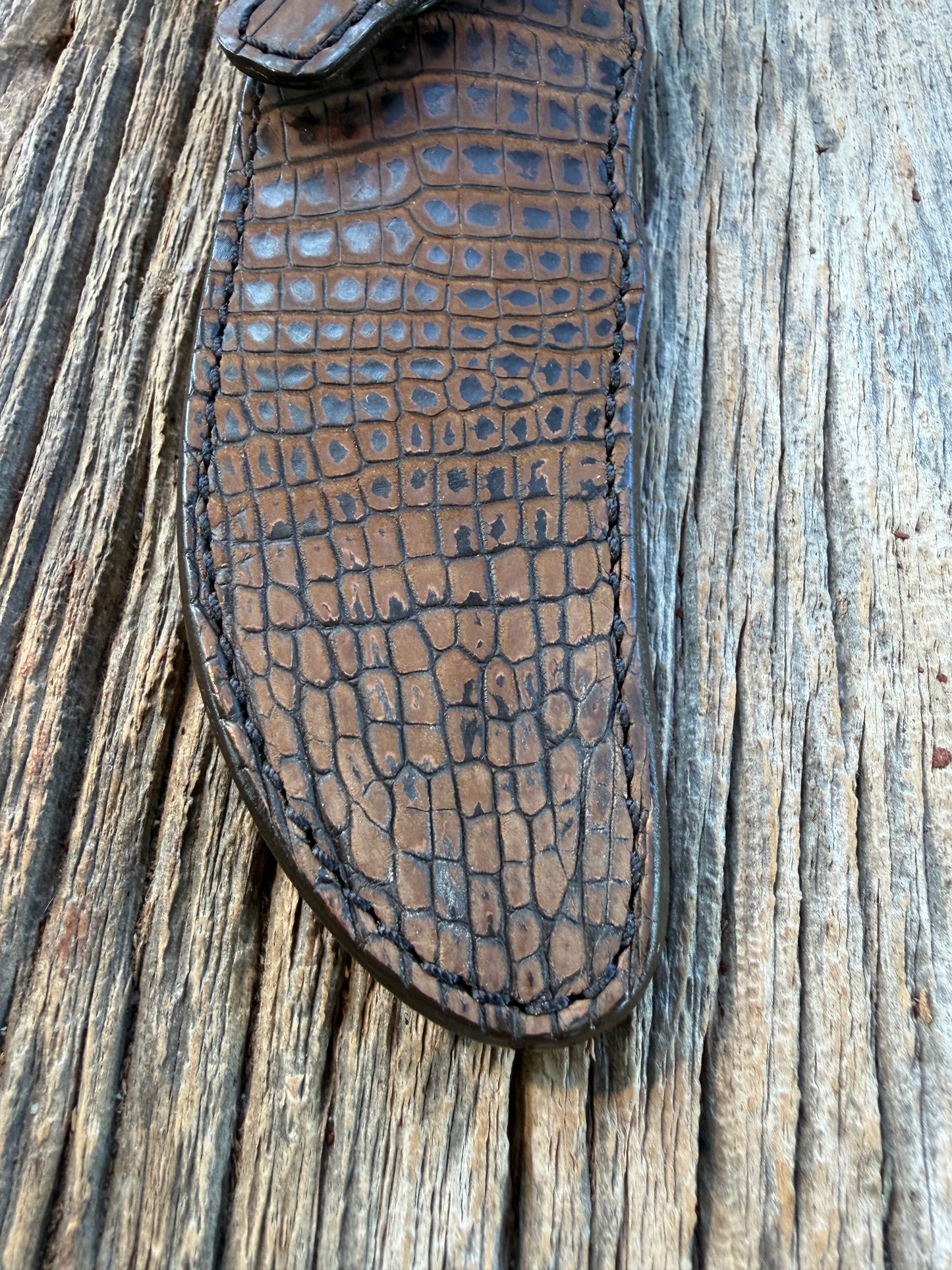 New Randall Model 4-6F Sheath in Exotic Dark Brown Sueded Crocodile from Treeman with the newest Black Canteen snap.
