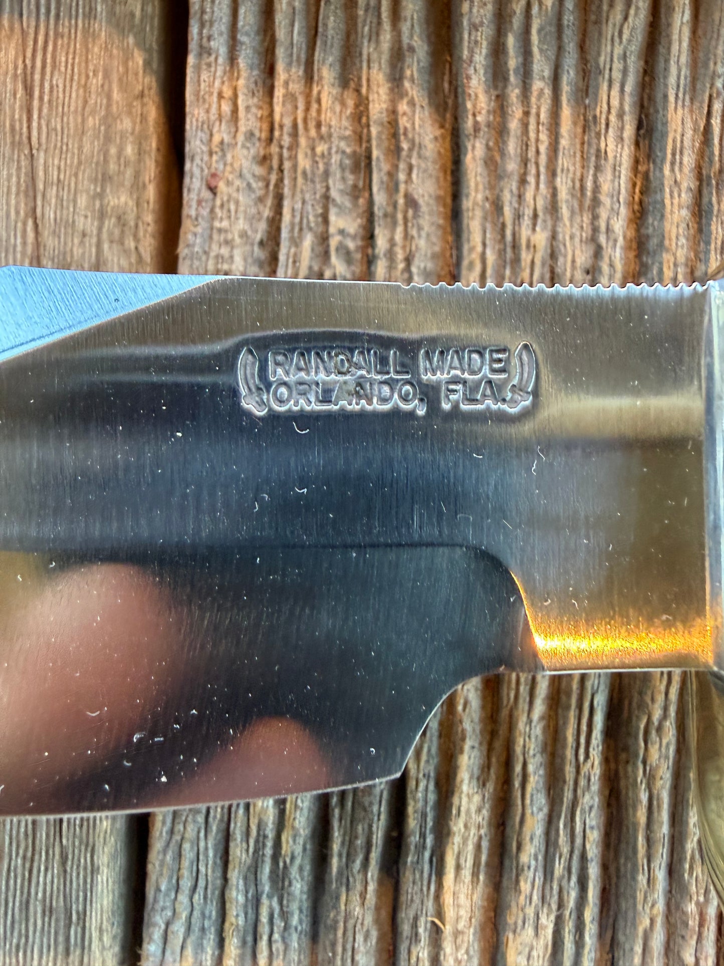 New in Paper Randall Model 19-5 Bushmaster with a Stag handle. Carbon blade, Nickel silver single hilt. Brown leather sheath.