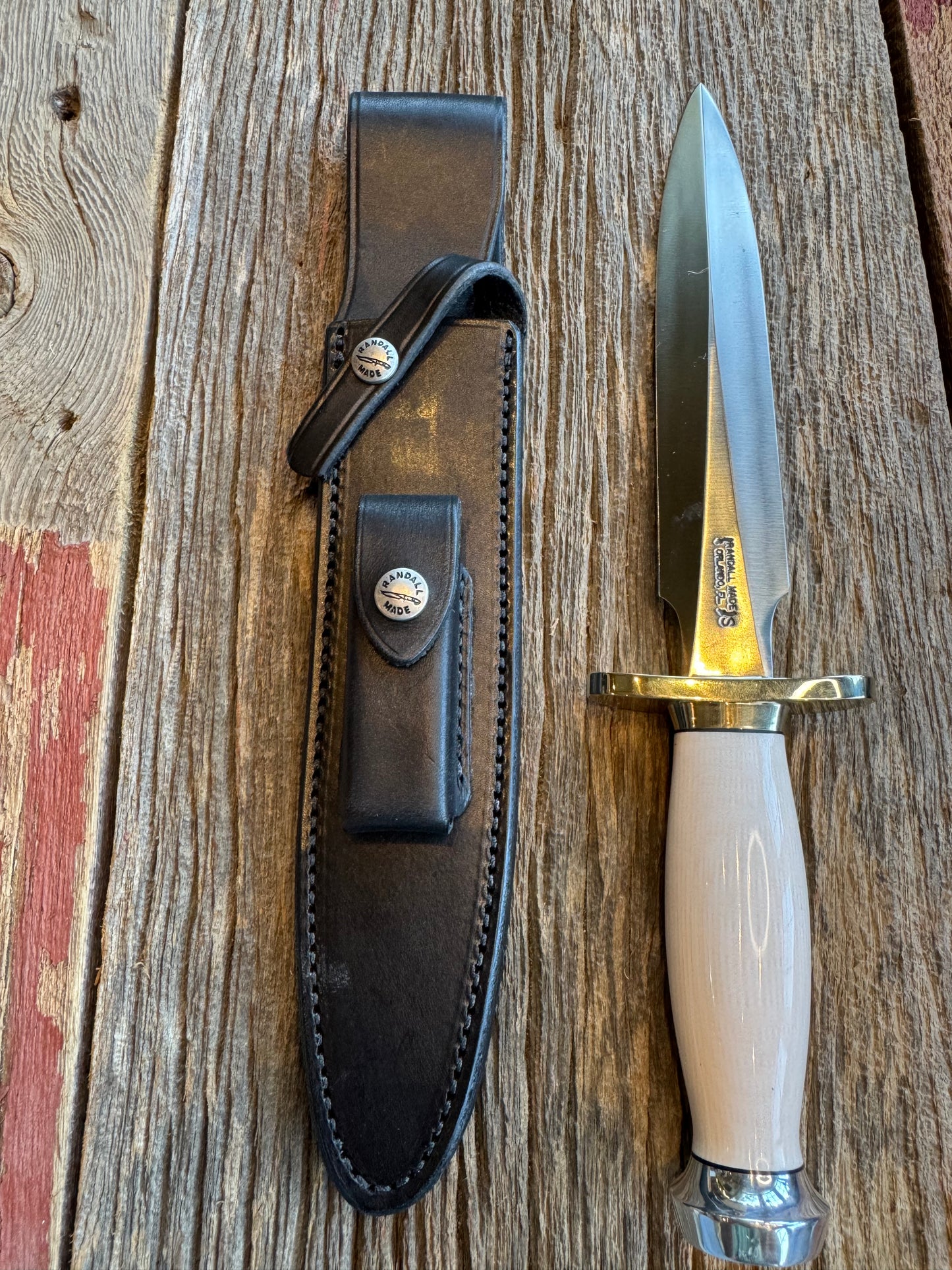 New Randall Knife Model 2-8 Warther Resin Ivory. Nickel Silver Hilt plus collar. Stainless Steel Blade, flanged butt cap.
