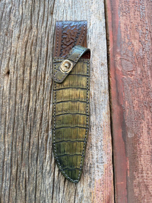 New Randall Model 14 Sheath in Exotic Army Green Crocodile from Treeman.