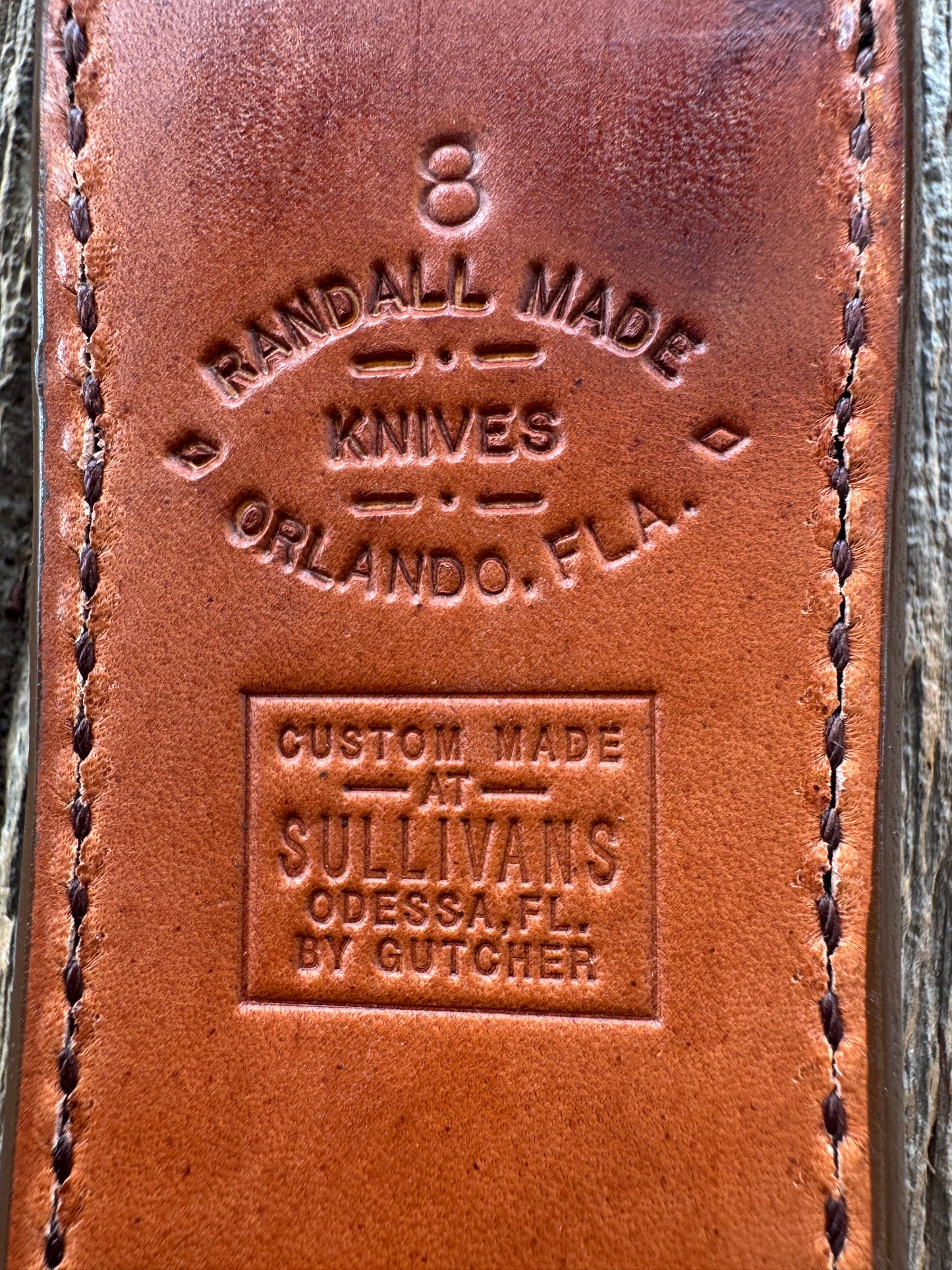 New Randall Model 1-8 or 2-8 Sheath in Exotic white Natural Croc with Anus and full leather belt loop. Custom Made at Sullivan’s by Gutcher with Randall stamp on back and snap.
